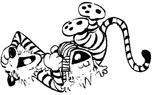 Calvin and Hobbes falling all over each other laughing