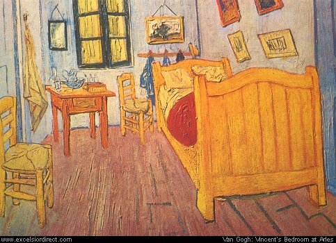 Van Gogh's _Bedroom at Arles_, a colorful picture of a bed and simple amenities.