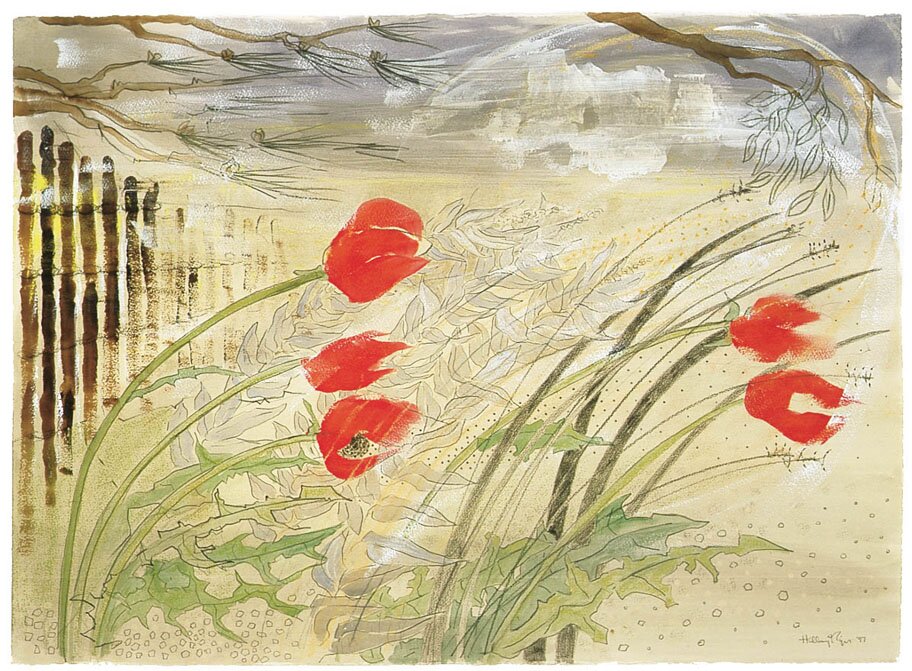 A painting of flowers in a strong breeze