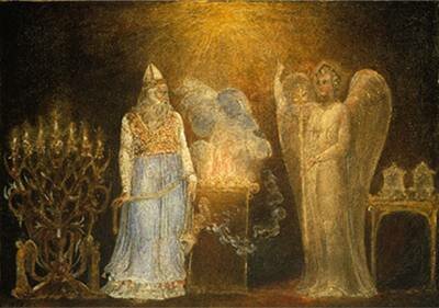 Zacharias is on one side of the incense altar and Gabriel is on the other; also visible is the Temple _menorah_ (seven-branched candlestick) and possibly the _lechem_panim_ [showbread])